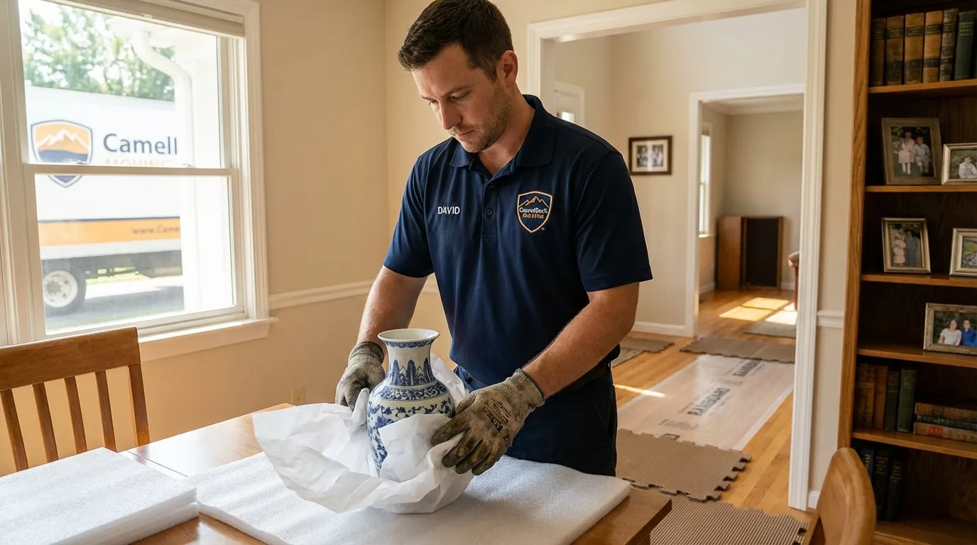 Professional crew carefully wrapping antique vase for senior downsizing move in Afton, WY